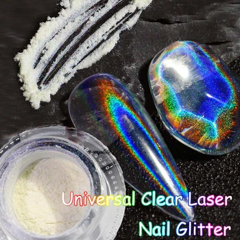 1 Кутия Универсална лазерна Огледално Блестящ прах Нето 0,3 гр Холограма Хромирани прах за триене с 3D Прозрачен лазерен ефект, компактна пудра за маникюр