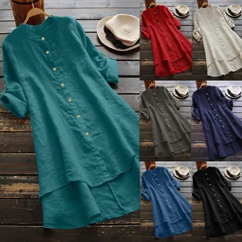 2023, Дамски памучен Бельо Ежедневна Блуза, Топла риза, Однотонная тениска с V-образно деколте и дълъг ръкав, Блуза, копчета, Свободни топове, джобове