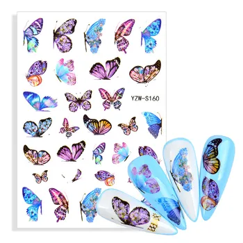 3D стикери за нокти, самозалепващи стикери за нокти, градиентные сини етикети с пеперуди и цветя за маникюр, декорации на ноктите