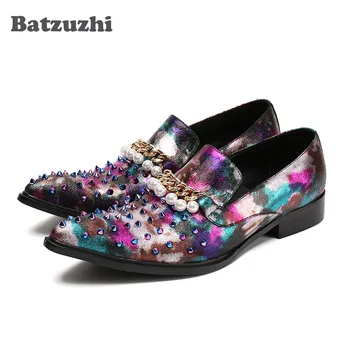 Batzuzhi/ Новост 2018 Г.; Есен Мъжки обувки; Модел обувки от естествена кожа с Остри Пръсти за Мъже; Мути с Нитове и Перли;Вечерни/Сватбени обувки