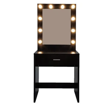 FCH с подсветка, Голям Огледален тоалетка с едно чекмедже за мебели за спални, черен