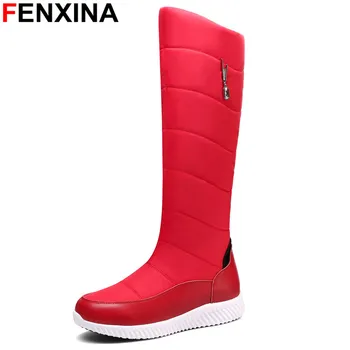 FENXINA Размер 35-44 Топли зимни ботуши на дебелите меху, дамски ботуши до коляното на платформата, висококачествени кожени плюшени зимни обувки