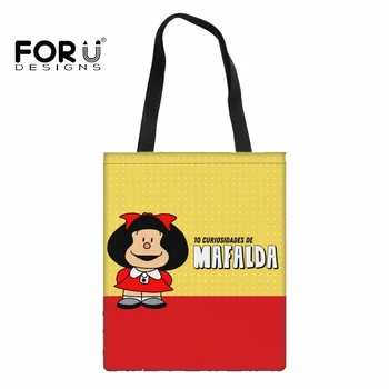 FORUDESIGNS, Дамски чанти-тоут, Мультяшная Холщовая чанта Mafalda, Модерен Контрастен дизайн, Чанти за пазаруване, с Ежедневни чанти през рамо с принтом