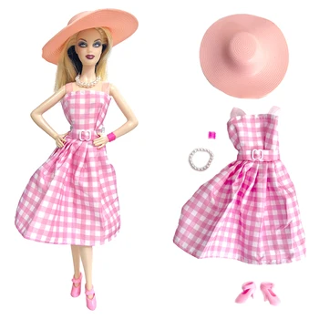 NK 1 комплект, куклено рокля за пикник комплект: rose клетчатое рокля + шапка + колие + гривна за кукли Барби, най-добрият подарък, аксесоари, играчки 1/6