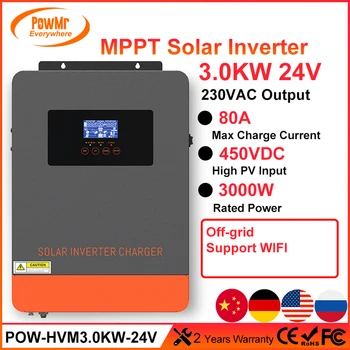 PowMr 3KW Автономен Слънчев инвертор, 230v Ac Изход Макс PV 450 vdc Вход работи с една литиева батерия 24 Вграден контролер MPPT 80A