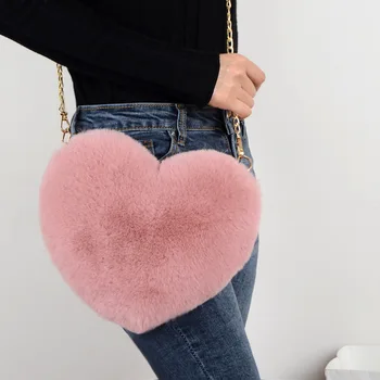 В чантата си, Плюшен чанта на верига, Модни дамски чанти във формата на сърце, Сладки Кавайные чанта през рамо от изкуствена кожа, портфейл, дамска чанта