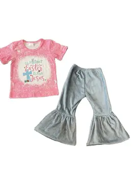 Великден бутик за дрехи за малки момчета и момичета, летен костюм с къси ръкави от бархатного материал, розови разкроена панталони небесносин с къс ръкав