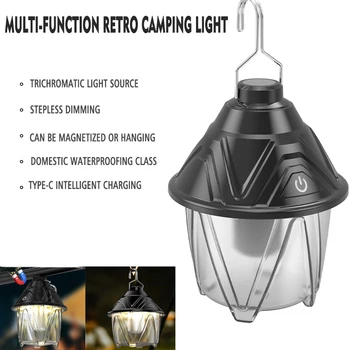 . Градинска реколта лампа за къмпинг, акумулаторна батерия за преносим фенер Type-C, лагерные светлини с магнитен затъмняване, водоустойчив окачен лампа за палатка