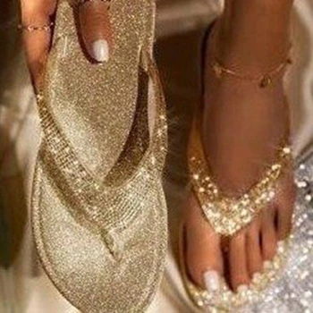 Дамски джапанки-джапанки, Чехли с кристали, Дамски обувки на равна подметка, Дамски обувки с хрустальным блясък, по-Големи Размери 2022
