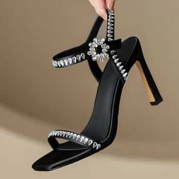 Дамски сандали от плат sartin, които са украсени с кристали, тесни обувки-лодка с каишка на щиколотке, елегантни дамски официални обувки на сверхвысоком ток 9 см