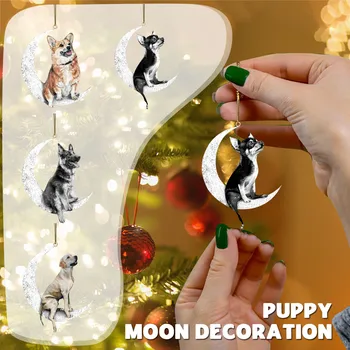 Декорация за Коледната елха, кавайная куче, седнала на Луната, украси за коледната елха, творчески дървени висящи висулки нова година