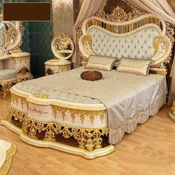 Европейската двойно легло Френска резбовани дамски легло от масивно дърво вила начало спалня луксозна легло принцеса сватба легло мебели
