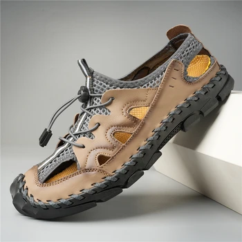 Ежедневни обувки от естествена кожа за мъже, Летни Дишащи Улични Нескользящие Мъжки Лоферы подметка, Нескользящие ръчно изработени Сандали