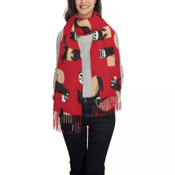 Женски шал с пискюли, тайна на главата, сладък червен женски шал с хорьком, тънки есенно-пролетно-зимни шалове с пискюли, кърпа