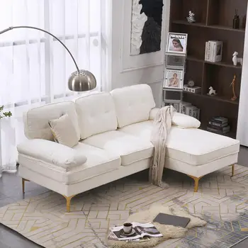 Комплект мека мебел секционни на 3 места L-образен диван от шенилна с метални крака-шезлонг