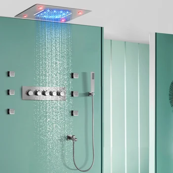 Матиран дъждовна водопад с постоянна температура, душ система за баня, дистанционно управление, led скрита наставка, масажен комплект за душ