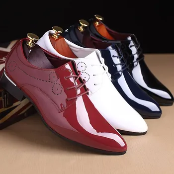 Модерен Висококачествен мъжки Официалната обувки, мъжки кожени модела обувки-Oxfords, Модерен Бизнес мъжки обувки, Сватбени обувки с остър змияр, Черен