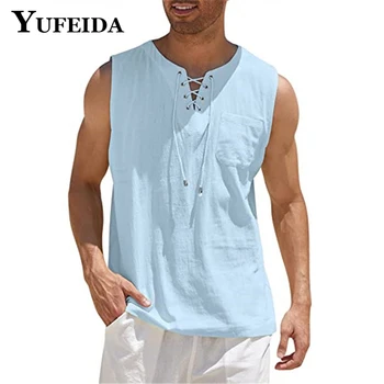 Мъжка жилетка YUFEIDA от памук и лен с V образно деколте, Летни обикновена тениски, Бельо, ризи без ръкави, Всекидневни плажен стил, майк големи Размери