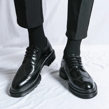 Мъжки броги, Кожени обувки, Ежедневни Бизнес Кожени обувки с шарките на крокодилска кожа, модел Дишащи обувки с мека подметка, Мъжки черни