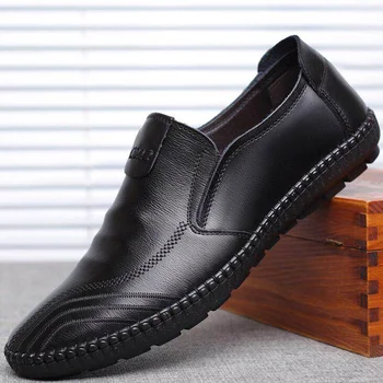 Мъжки ежедневни обувки от естествена кожа, мъжки дишащи черни обувки за шофиране без шнур
