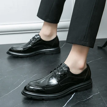 Мъжки Класически Обувки от лачена кожа, Мъжки Модерен бизнес обувки с дантела, Джентльменские Луксозни Черните Сватбени и Вечерни модела обувки в Голям размер