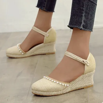 Нови пантофи с бродерия, дамски обувки на танкетке в летния курортен стил, дамски Сандали, Метални обувки Sandalias De Mujer Verano