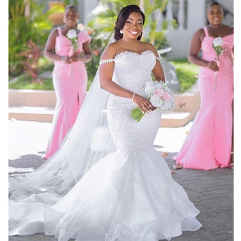 По-големи размери, сватбени рокли на Русалка с открити рамене и кристали, Реколта тюлевые дантелени апликации, булчински рокли в стил Кънтри Африка