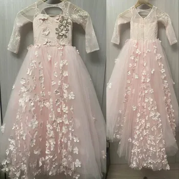 Розови рокли с цветя модел за момичета на Сватба, Дантелено рокля с дълги ръкави, 3D Принцеса рокля с цветя модел за Първо причастие, Парти по случай рождения ден за момичета, деца