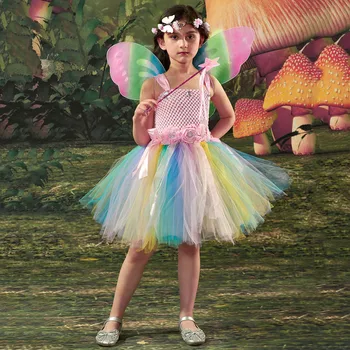 Рокля-пакетче с пеперуда и цвете за момичета, Детски блестящо тюлевое облечи за Хелоуин, Бална рокля с като, детски костюм за cosplay на рождения Ден