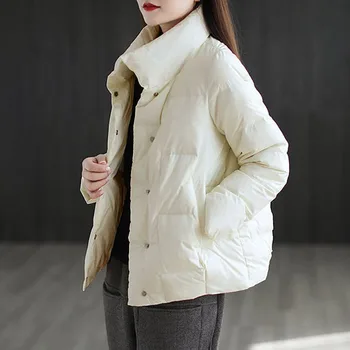Свободна Дамско яке с памучна подплата, Пуховик с къса яка, Лека дрехи с памучна подплата, Корейската версия, Голям размер, Зима