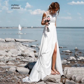 Секси Прозрачно Сватбена рокля с дантелен аппликацией с V-образно деколте и цепка отстрани, с отворен гръб, Истинска снимка, Плажна Сватбена рокля 2023, Vestido De Noiva
