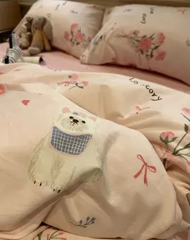 Сладък сладък цвете роза котка розов комплект спално бельо за тийнейджъри, близнак пълна кралица прекрасен памук домашен текстил чаршаф калъфка стеганое одеяло калъф