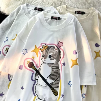 Тениска Harajuku 2023, неутрална Градинска Дрехи, японската Тениска с принтом Смешно Котка Канджи, дамски Памучен Ежедневни Тениска С къс ръкав, Потници
