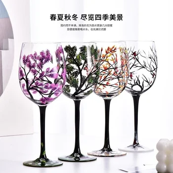 Чаша за вода, чаша за вино, чаша вино, чаша зелен с павлином, черешов цвят, лилаво емайл, фарфорово-ефектен розов цвят