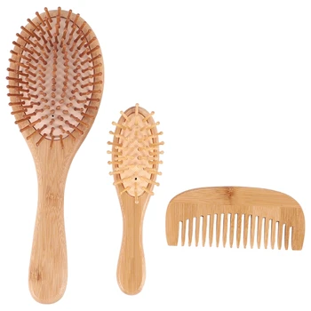Четка за коса от естествен Бамбук, Масажна четка за коса с бамбук четина, подобрява растежа на косата, предпазва от косопад, Пърхот Кожа на главата 3 бр./компл.