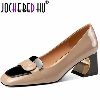 【JOCHEBED HU】Пролет-лято нови тънки дамски обувки на среден ток, от кожа с фин пръсти, от лачена кожа с квадратни пръсти, размер 33-43